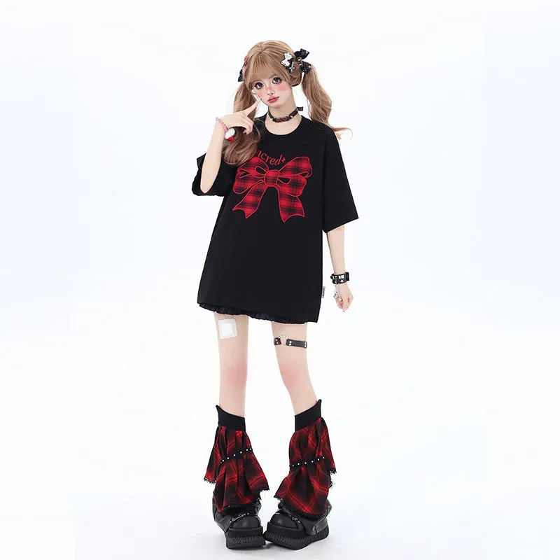 Sweet Girly Style Bow Embroidered Round Neck Loose T-shirt