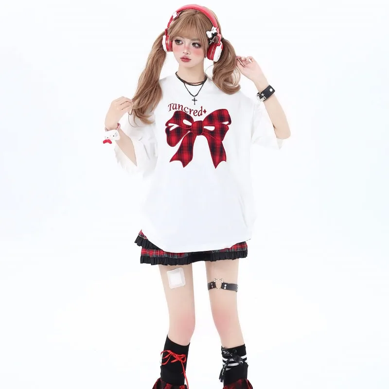 Sweet Girly Style Bow Embroidered Round Neck Loose T-shirt