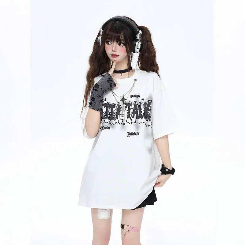 Sweet Girly Style Letter Print Round Neck T-shirt