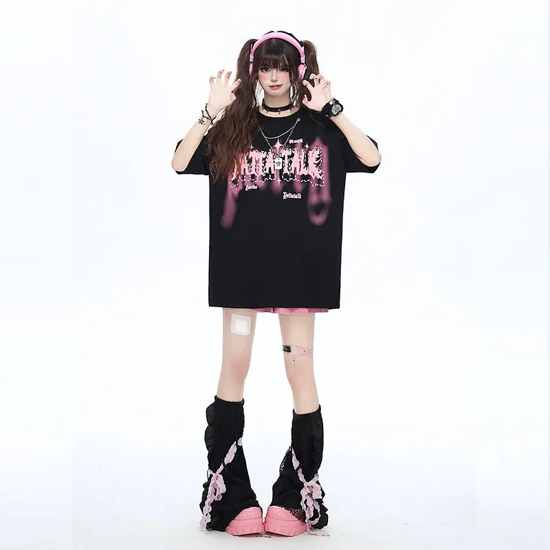 Sweet Girly Style Letter Print Round Neck T-shirt