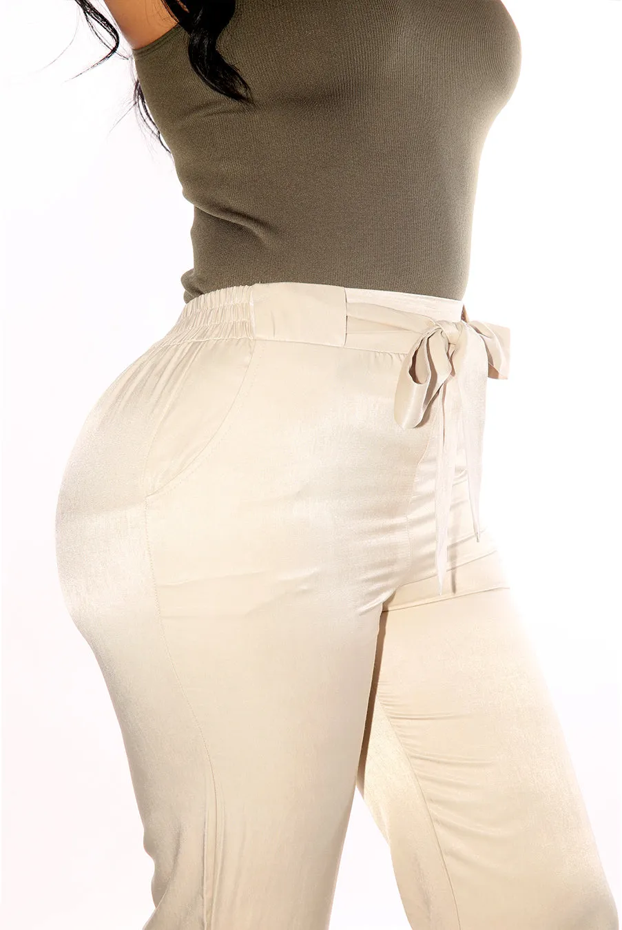 Tribute Silk Straight Leg Pants With Self Tie - Sand