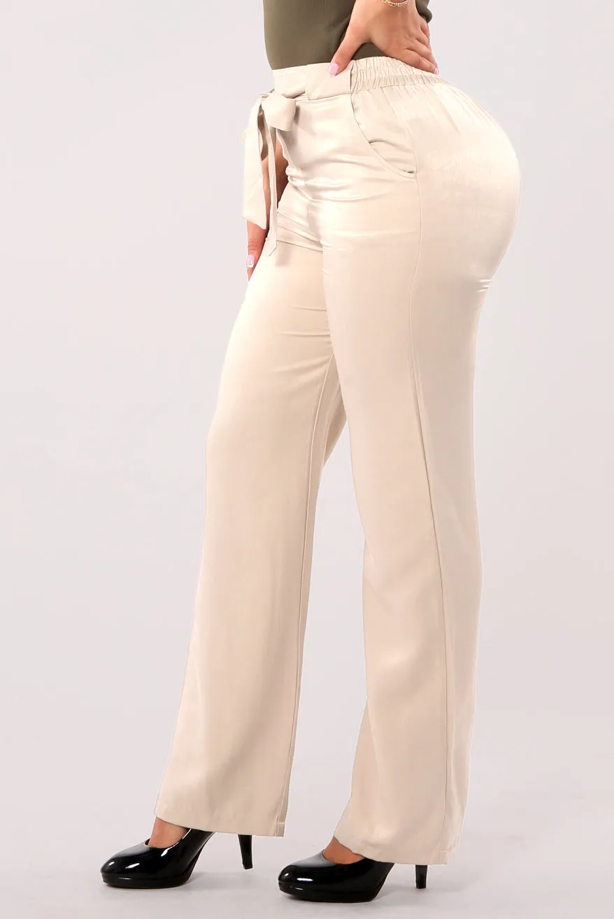 Tribute Silk Straight Leg Pants With Self Tie - Sand