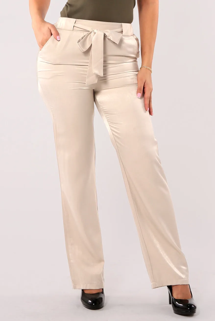 Tribute Silk Straight Leg Pants With Self Tie - Sand