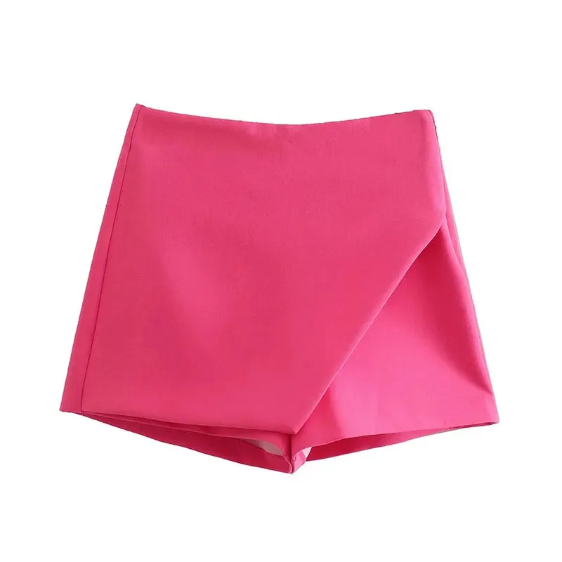 Women Fashion Candy Color Asymmetrical Shorts Skirts Lady Zipper Fly Pockets Hot Shorts Chic Pantalone