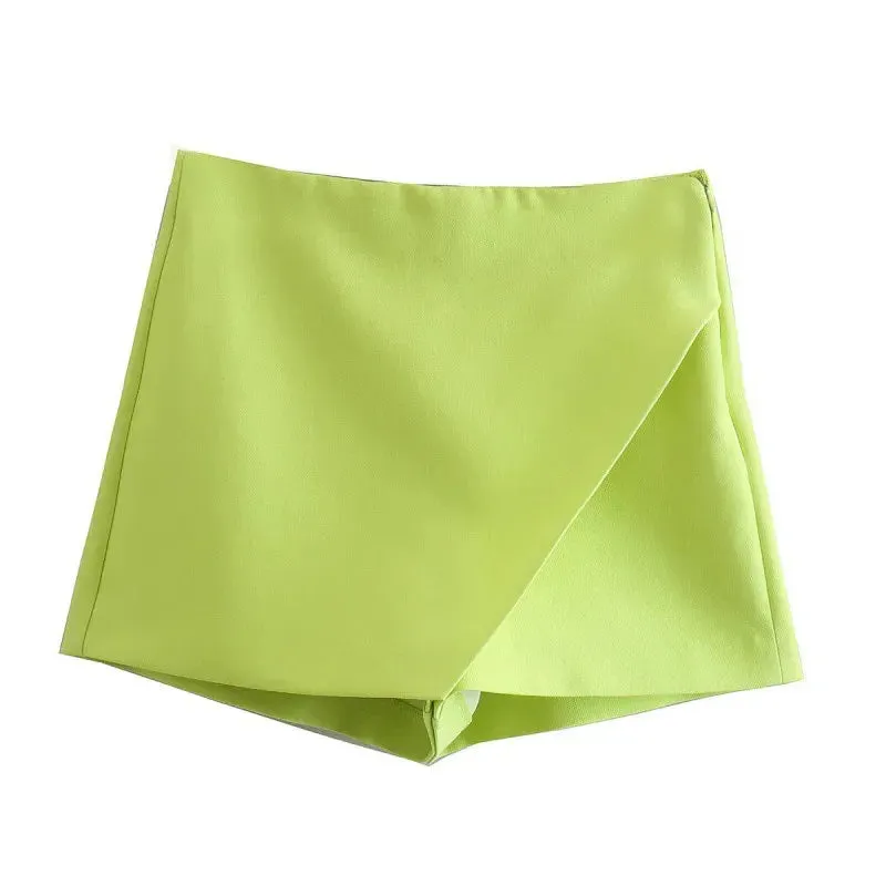Women Fashion Candy Color Asymmetrical Shorts Skirts Lady Zipper Fly Pockets Hot Shorts Chic Pantalone