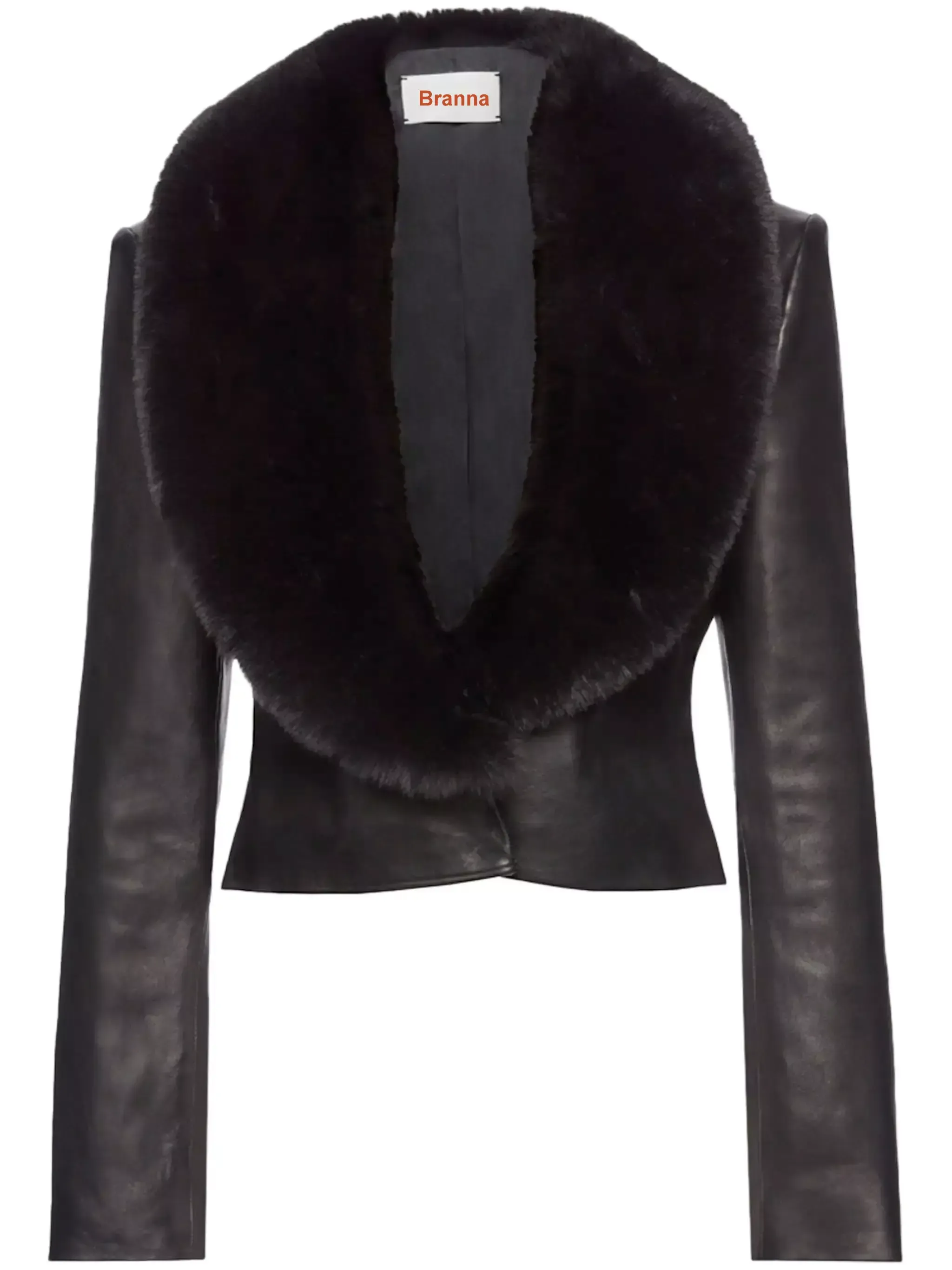 Women’s Cropped Black Lambskin Leather Jacket with Fox-Fur Collar