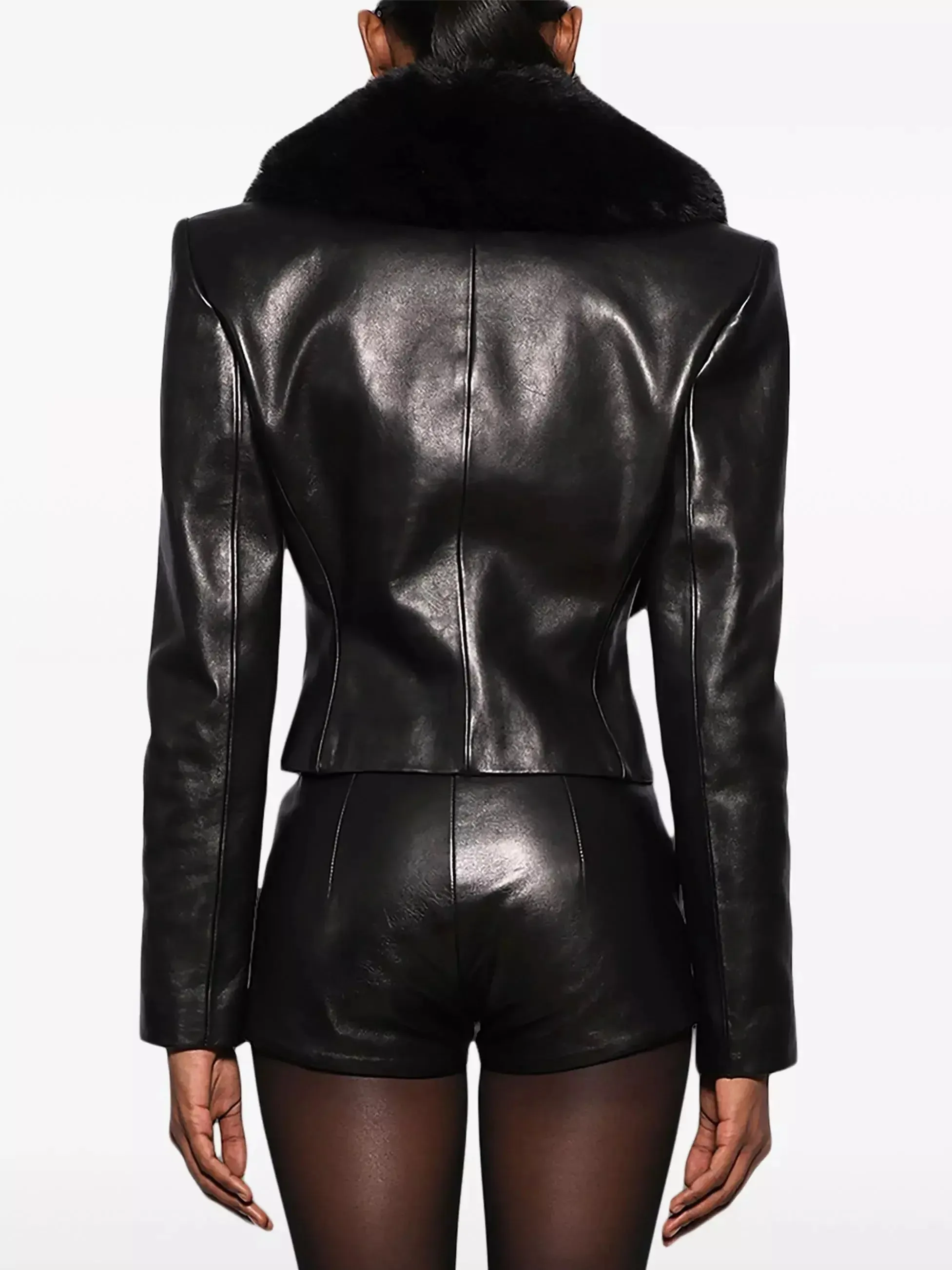 Women’s Cropped Black Lambskin Leather Jacket with Fox-Fur Collar