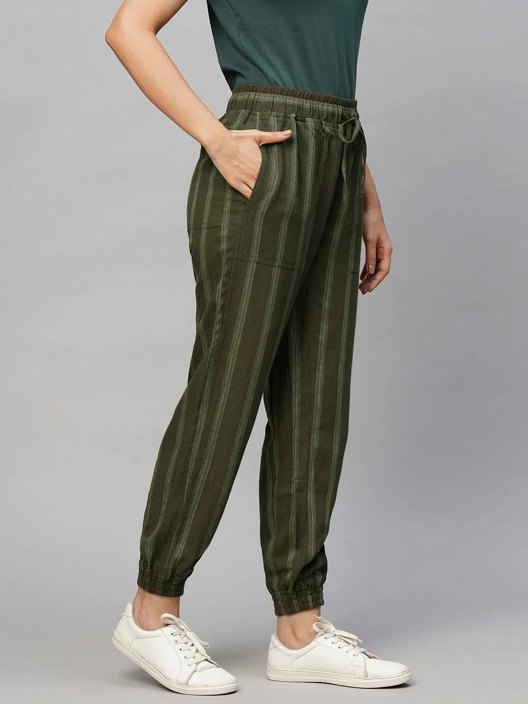 Women's Olive Viscose Linen Regular Fit Pant