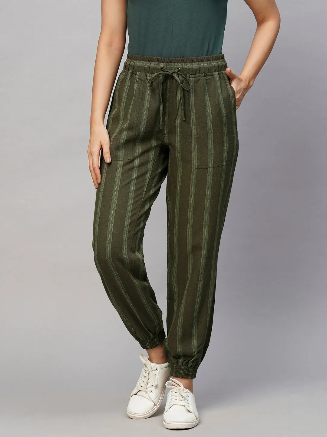 Women's Olive Viscose Linen Regular Fit Pant