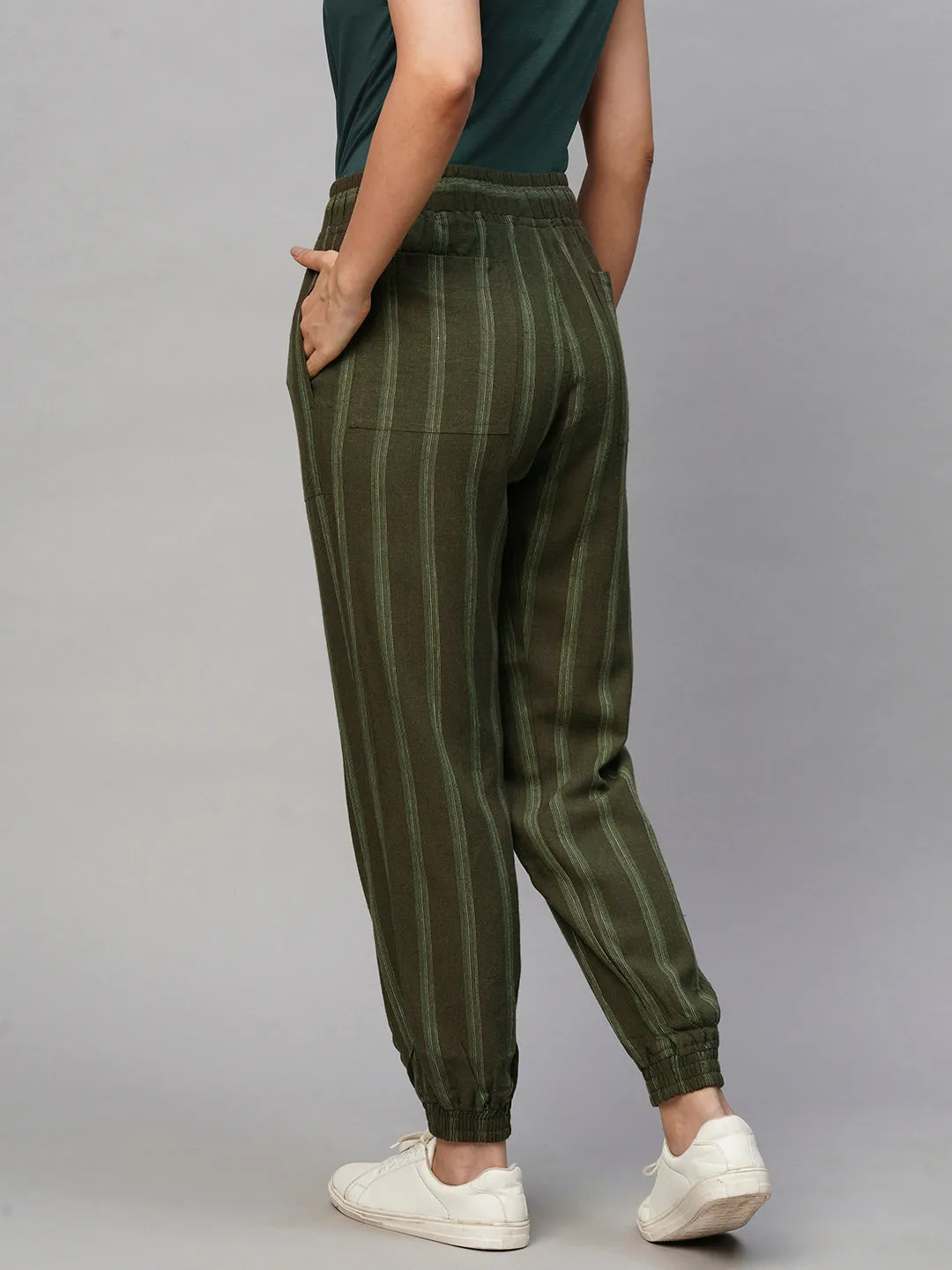 Women's Olive Viscose Linen Regular Fit Pant