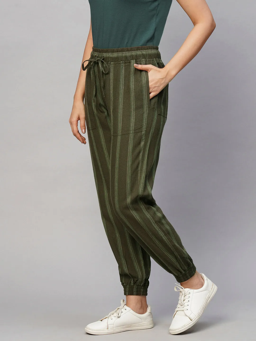 Women's Olive Viscose Linen Regular Fit Pant